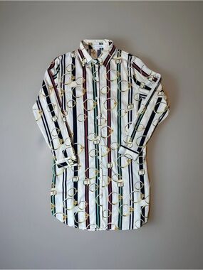 ALBA Fashion Striped Gold Buckle Print Button Down Shirt Womens M/L Long Sleeve